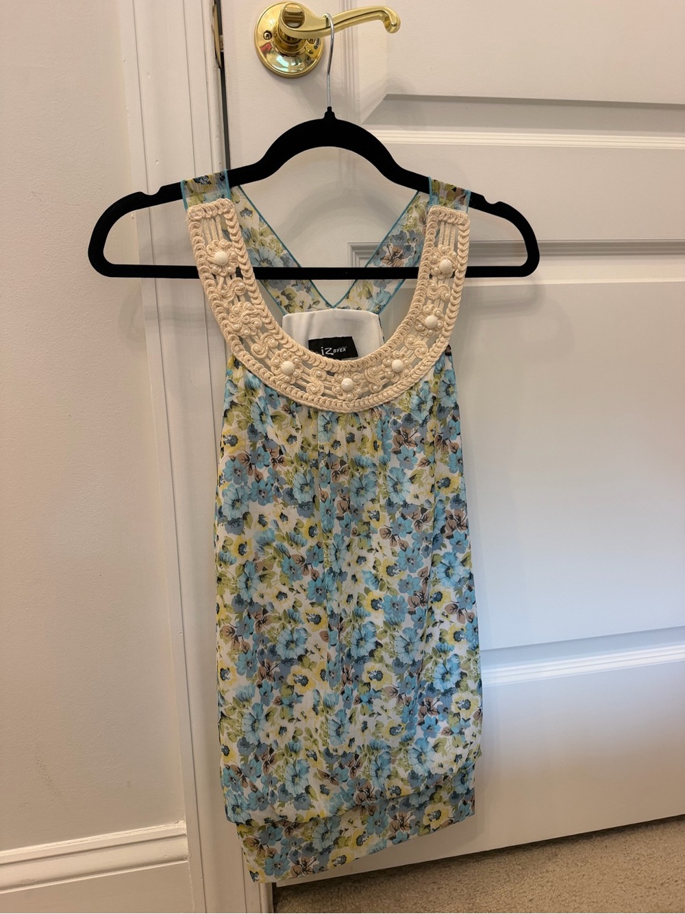 Iz Byer Cream Crochet Bib Floral Tank with Blue and Green Accents